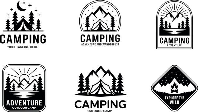 Minimalist camping logo templates set with mountain landscapes, tourist tents, pine forest trees, campfire, and outdoor adventure emblem vector elements.