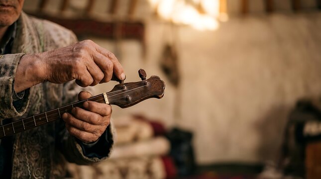 Close up of elderly hands tuning a traditional stringed instrument