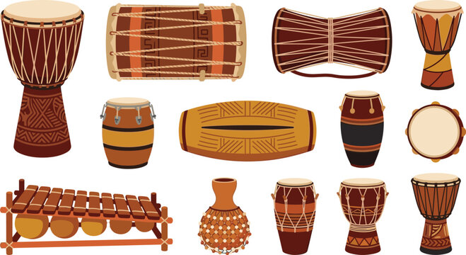 Traditional World Percussion Instrument Collection Featuring Djembe, Conga, Bongo, Barrel Drum, Frame Drum, Xylophone, and Musical Vector Illustration Set