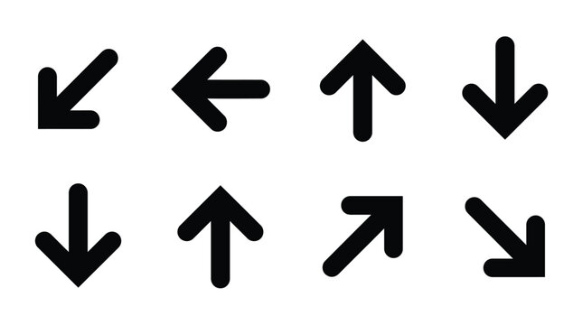 Set of eight bold black navigation arrows pointing in various directions including up down left right and diagonal angles for digital interface design on white background