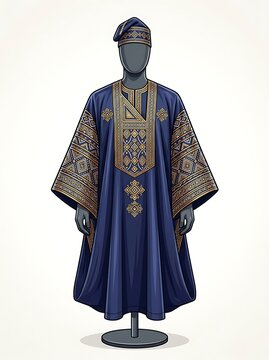 Traditional west african men agbada in navy blue with gold embroidery