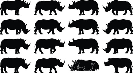 Obraz premium Black Silhouette Rhinoceros Animal Icons Set on White Background