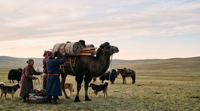 Nomadic people loading equipment onto a camel in the vast steppe