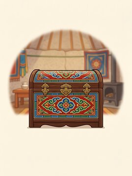 Traditional ornate wooden chest inside a nomadic yurt interior