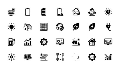 Fototapeta premium Solar energy and renewable power glyph icons set including battery house eco leaf plug and green sustainability vector symbols