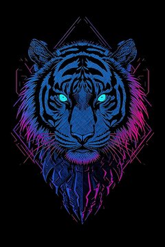 Bold cyber tiger design with electric pink and blue accents.