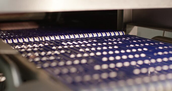 Sliced meat moving on a blue modular conveyor belt through an industrial food processing machine