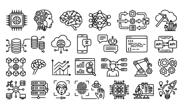 Artificial intelligence machine learning big data and cyber security vector line icon set
