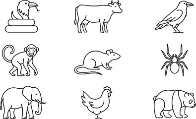 Fototapeta premium Minimalist animal line icon vector set featuring snake cow bird monkey rat spider elephant chicken and panda design element