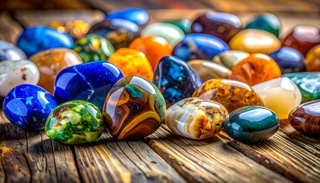 Colorful Polished Stones Weathered Wooden Surface