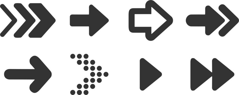 Collection of right pointing arrow icons in multiple graphic styles for interface design