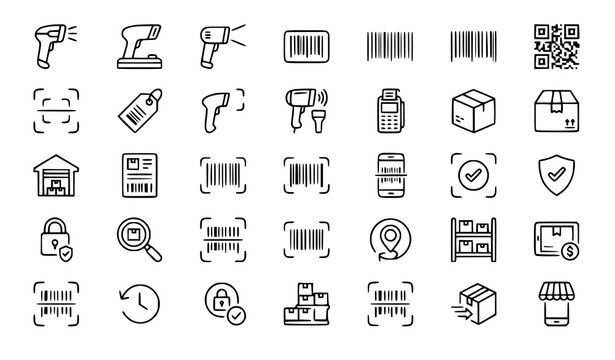 Barcode scanner QR code inventory and logistics tracking vector line icon set