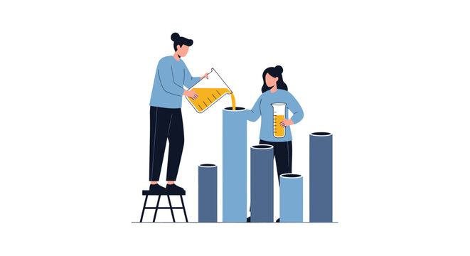 People pouring liquid into bar chart cylinders.