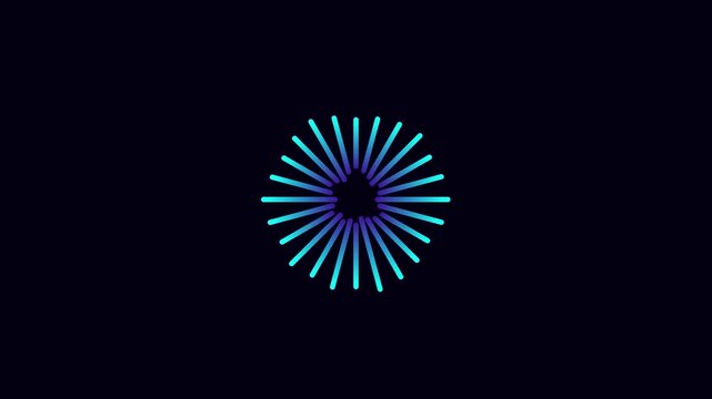 Abstract neon loading spinner animation with pulsing circular light rays and glowing gradient lines 4k
