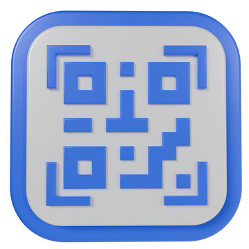 QR Code Icon in 3D Render Blue and White Square Badge for Digital Payment and Smart Scanning Technology
