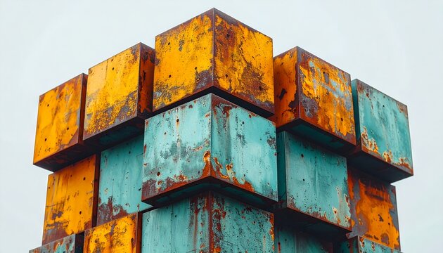 Rusty Cubic Metal Blocks Against Clear