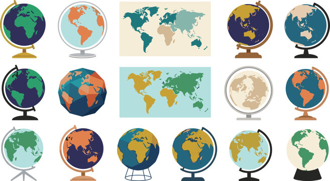 World Globe and Map Collection Featuring Political Globes, Earth Models, Continental Maps, Geographic Illustrations, and Cartography Vector Design Set