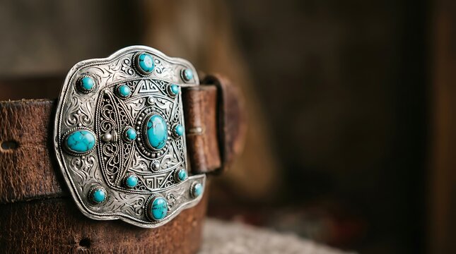 Ornate vintage silver belt buckle with turquoise stones