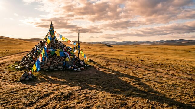Traditional mongolian ovoo with prayer flags in the vast steppe