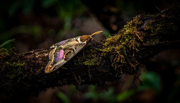 Moth Resting Mossy Branch Soft Forest Light