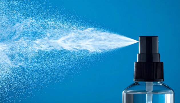 Disinfectant Spray Action Against Blue Background