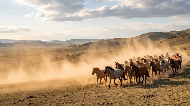 Wild horses galloping across a dusty open field at sunset
