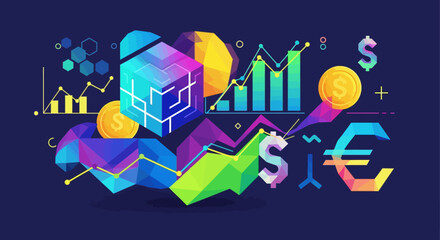 Naklejka premium 170 Abstract financial technology vector, futuristic blockchain data visualization with currency symbols and growth charts, digital economy concept with geometric neon elements 45