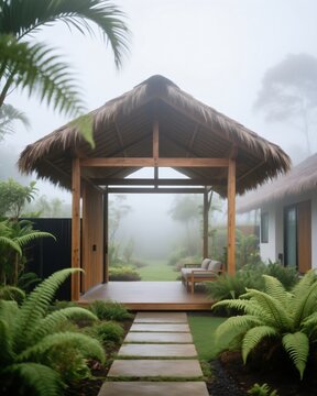Tropical wooden pavilion entrance in foggy morning