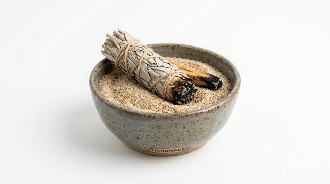 Smoldering sage bundle in a rustic ceramic bowl with smudging cleansing meditation spirituality wellness aromatherapy holistic ceremony mindfulness alternative tradition esoteric