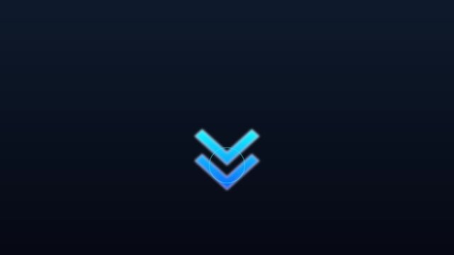 Animated glowing blue double arrow moving downward on dark animation 4k background