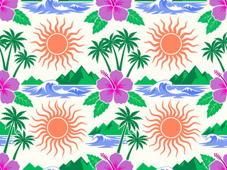 Tropical Seamless Pattern with Hibiscus, Palm Trees, and Ocean Waves © Elva