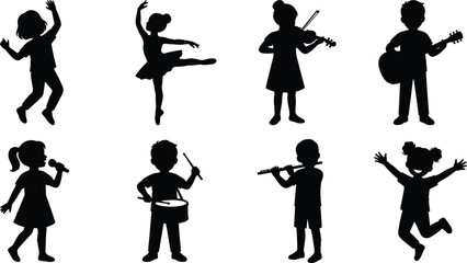 Children Performing Music and Dance Silhouette Collection with Musical Instruments Singing Ballet and Creative Arts Education Vector Set