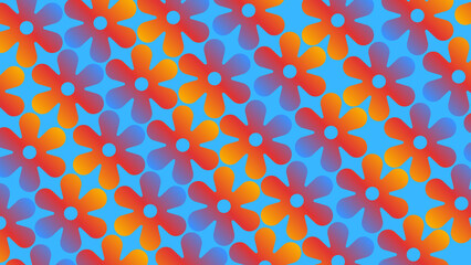 Vibrant retro seventies style floral pattern with colorful gradient flowers on blue background