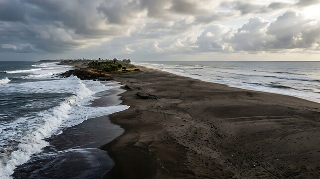 Aerial view of a narrow dark sand beach between ocean waves