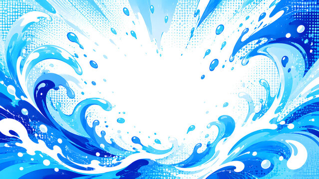 Abstract blue ocean wave splash frame background with dynamic water swirls halftone comic style and copy space for summer design banner