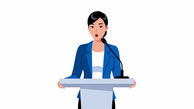 Animated woman speaking at podium with microphone, gestures opening arms, representing speech or presentation