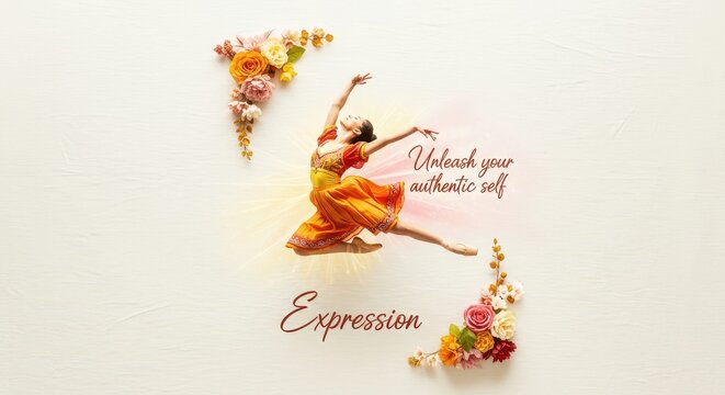 Ballerina in mid-air leap surrounded by flowers, inspirational message 'Unleash your authentic self' and 'Expression'