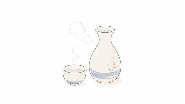 湯気が立つ温かい日本酒が注がれた徳利とぐい呑みのイラスト