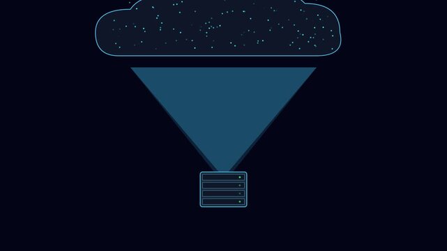 Cloud data funnel processing digital information to server storage network animation 4k