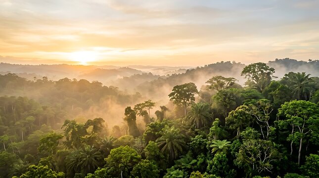 Sunrise over a misty tropical rainforest canopy