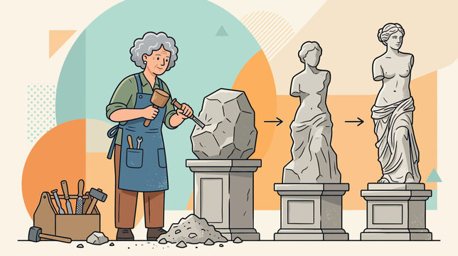 Artist sculpts marble statue from rough stone block