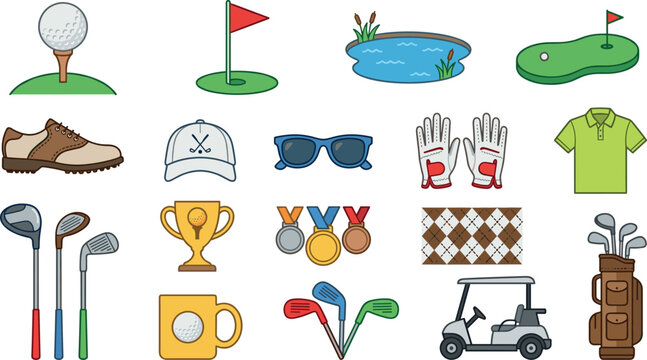 Golf equipment icon set vector illustration, ball club flag trophy shoes glove cart and bag collection for sport and country club