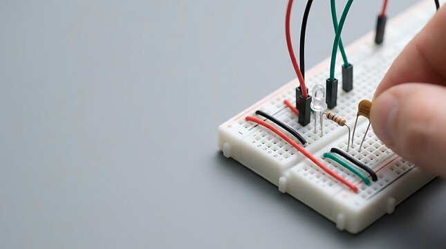 Close up of hand building electronic circuit on breadboard
