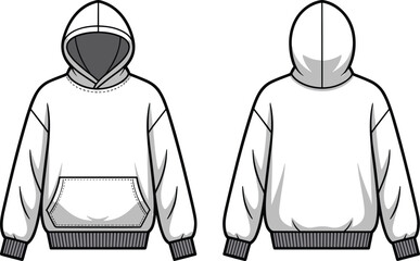 Comfortable unisex oversized pullover hoodie front and back technical sketch with kangaroo pocket for casual wear © Sultana