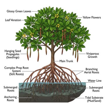 Mangrove Tree Anatomy Diagram with Root System and Botanical Labels