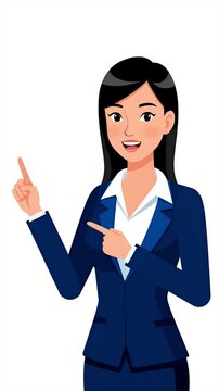 Animated businesswoman in a blue suit gestures with her hand, pointing and waving, ideal for business presentations