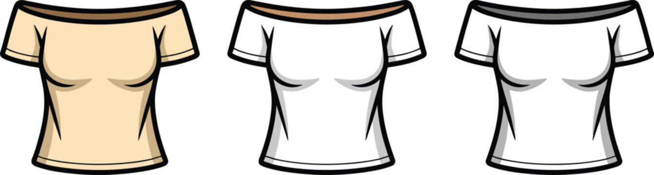 Collection of three fashionable off the shoulder tops in diverse colors for contemporary womens wardrobe