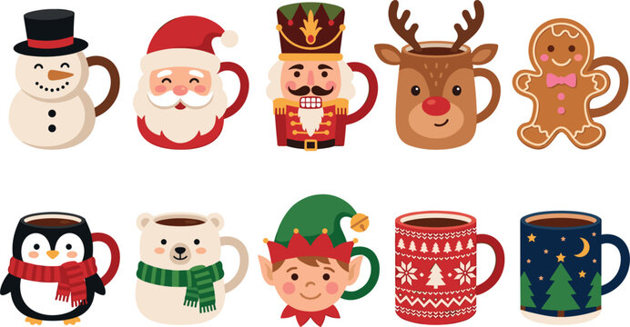 Christmas Coffee Mug Vector Set Featuring Cute Festive Holiday Cup Designs with Santa Claus Snowman Nutcracker Reindeer Gingerbread Man Penguin Elf and Winter Pattern Icons