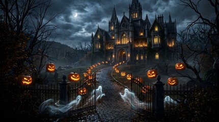 Obraz premium Gothic Victorian Mansion Foggy Pumpkin Path 3D Banner