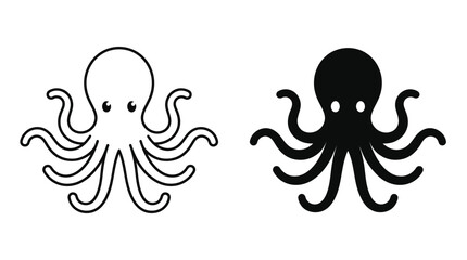 Cute cartoon octopus icon set featuring line art and silhouette designs for marine themes © Tulippp